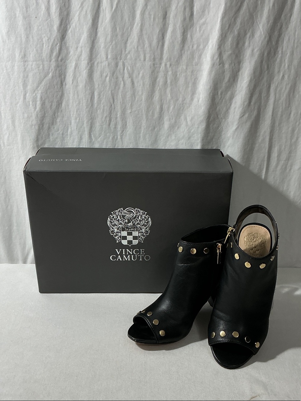 Vince Camuto Black Leather Studded Peep-Toe Booties with Gold Accents